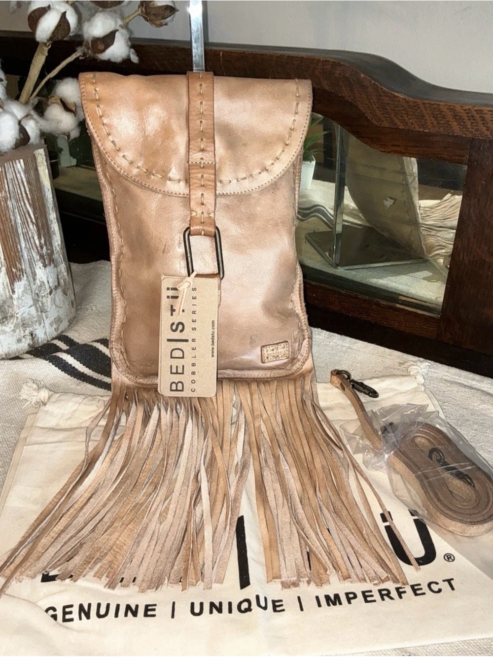 NWT Bed Stu Leather SANDY LANE II Oats Dip Dyed Fringe Crossbody Bag MSRP $165